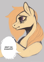 Size: 1750x2450 | Tagged: safe, artist:slimeprnicess, oc, oc only, oc:safe haven, earth pony, pony, /mlp/, 4chan, bags under eyes, bust, drawthread, offscreen character, profile, simple background, solo, speech bubble, text