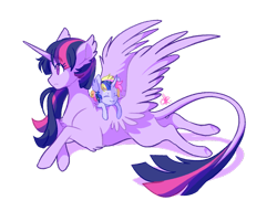 Size: 1024x782 | Tagged: safe, artist:kerui8d, derpibooru import, twilight sparkle, twilight sparkle (alicorn), oc, oc:cosmic ray, alicorn, pony, unicorn, duo, ear fluff, female, filly, happy, leonine tail, magical lesbian spawn, mare, offspring, parent:rainbow dash, parent:twilight sparkle, parents:twidash, prone, simple background, smiling, spread wings, transparent background, wings