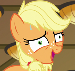 Size: 800x760 | Tagged: safe, screencap, applejack, earth pony, pony, where the apple lies, cropped, solo, sweat, sweatdrop, teenage applejack, teenager