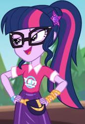 Size: 537x780 | Tagged: safe, screencap, sci-twi, twilight sparkle, better together, equestria girls, sunset's backstage pass!, clothes, collar, cropped, cute, female, forest, forest background, geode of telekinesis, glasses, hairclip, hands on hip, lidded eyes, logo, magical geodes, music festival outfit, ponytail, pouch, shirt, short sleeves, skirt, smiling, wrist wraps