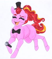 Size: 2539x2905 | Tagged: safe, artist:frozensoulpony, oc, oc:cranberry pie, earth pony, pony, bowtie, female, five nights at freddy's, hat, inktober, inktober 2019, mare, microphone, offspring, parent:party favor, parent:pinkie pie, parents:partypie, simple background, solo, top hat, white background