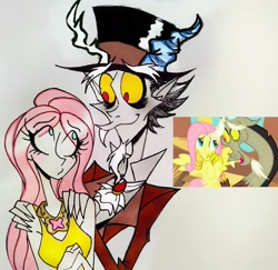 Size: 2014x1956 | Tagged: safe, artist:citi, screencap, discord, fluttershy, human, keep calm and flutter on, humanized, scene interpretation, screencap reference, sleeveless, traditional art