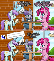 Size: 1280x1442 | Tagged: safe, artist:clouddg, maud pie, pinkie pie, oc, oc:sunshine morning, earth pony, pony, apron, ask, ask pun, clothes, female, mare, mouth hold, poster, pun