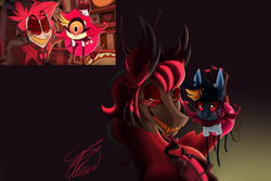 Size: 3000x2000 | Tagged: safe, artist:crystalcontemplator, oc, draconequus, pony, alastor, anime, clothes, cosplay, costume, crossover, hazbin hotel, niffty, radio demon, redraw