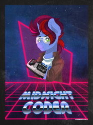 Size: 1200x1622 | Tagged: safe, artist:ciderpunk, derpibooru import, oc, oc only, oc:midnight coder, pony, unicorn, 80s, glasses, hackerman, power glove, synthwave