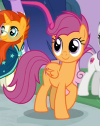 Size: 301x378 | Tagged: safe, screencap, scootaloo, sunburst, sweetie belle, pegasus, pony, unicorn, the last problem, cropped, cute, cutealoo, female, glasses, male, mare, offscreen character, older, older scootaloo, older sunburst, raised hoof, smiling, solo focus, stallion