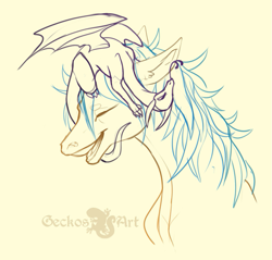 Size: 915x874 | Tagged: safe, artist:sitaart, oc, oc only, oc:valiant dawn, dragon, earth pony, pony, blue mane, dungeons and dragons, female, male, mare, pathfinder, pen and paper rpg, ponyfinder, pseudodragon, rpg, signature, simple background, sketch, smiling, yellow fur