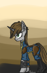 Size: 1004x1546 | Tagged: safe, artist:thestive19, derpibooru import, oc, oc only, oc:littlepip, pony, unicorn, fallout equestria, clothes, fanfic, fanfic art, female, gritted teeth, hooves, horn, mare, pipbuck, solo, vault suit