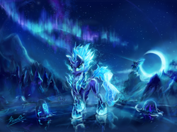 Size: 3146x2344 | Tagged: safe, artist:light-of-inirida, derpibooru import, oc, oc only, pony, aurora borealis, badass, crescent moon, female, ice, mare, moon, night, scenery, tundra