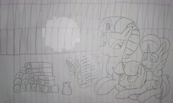 Size: 5028x2992 | Tagged: safe, artist:徐詩珮, fizzlepop berrytwist, glitter drops, spring rain, tempest shadow, pony, unicorn, my little pony: the movie, female, glittershadow, lesbian, lineart, lined paper, mare, polyamory, shipping, springdrops, springshadow, springshadowdrops, traditional art, trio, trio female