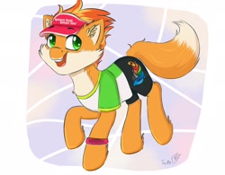 Size: 2344x1827 | Tagged: safe, artist:tavifly, oc, oc only, fox pony, pony, cheek fluff, clothes, european games, fangs, fox tail, green eyes, lesik, male, mascot, ponified, raised hoof, shirt, shorts, solo, stallion, t-shirt, three quarter view