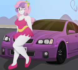 Size: 1988x1784 | Tagged: safe, artist:phyll, derpibooru import, sweetie belle, equestria girls, breasts, car, cleavage, clothes, dress, female, flower, holden, holden commodore, legs, older, older sweetie belle, one eye closed, shoes, signature, solo, thighs, wink