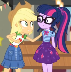 Size: 892x900 | Tagged: safe, edit, edited screencap, screencap, applejack, sci-twi, twilight sparkle, better together, equestria girls, holidays unwrapped, belt, bowtie, clothes, cowboy hat, cropped, denim skirt, freckles, glasses, hat, miniskirt, ponytail, skirt, stetson