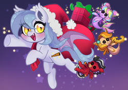 Size: 3507x2481 | Tagged: safe, artist:techycutie, oc, oc only, oc:assateagues phoenix, oc:roaring thunder, oc:saltwater taffy, hippogriff, pony, bag, bow, braid, button eyes, christmas, clothes, costume, female, group shot, hat, holiday, male, mascot, plushie, present, sack, santa costume, santa hat, seaquestriafest, stars