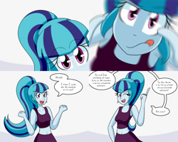 Size: 2000x1600 | Tagged: safe, artist:jake heritagu, derpibooru import, sonata dusk, comic:aria's archives, equestria girls, belly button, clothes, comic, dialogue, female, midriff, skirt, solo, speech bubble, tanktop