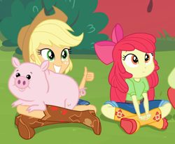 Size: 1218x1002 | Tagged: safe, screencap, apple bloom, applejack, granny smith, pig, equestria girls, equestria girls series, holidays unwrapped, spoiler:eqg series (season 2), adorabloom, apple bloom's bow, apple sisters, applejack's hat, boots, bow, cowboy boots, cowboy hat, cropped, crossed legs, cute, duo focus, female, grin, hair bow, hat, jackabetes, offscreen character, shoes, siblings, sisters, sitting, smiling, the cider louse fools, thumbs up