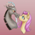 Size: 580x580 | Tagged: safe, artist:jazzwolf347, edit, part of a set, discord, fluttershy, draconequus, pegasus, pony, boop, bust, cropped, discoshy, female, gradient background, lidded eyes, looking at each other, male, mare, noseboop, shipping, smiling, straight