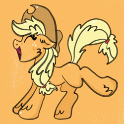 Size: 2100x2100 | Tagged: safe, artist:sjart117, derpibooru import, part of a set, applejack, earth pony, pony, applejack's hat, blank flank, bucking, cowboy hat, doodle, eyes closed, female, fluffy, freckles, hat, mare, open mouth, solo, unshorn fetlocks