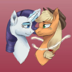 Size: 550x550 | Tagged: safe, artist:jazzwolf347, edit, part of a set, applejack, rarity, earth pony, pony, unicorn, applejack's hat, bust, cowboy hat, cropped, female, glowing horn, gradient background, hat, horn, lesbian, lidded eyes, looking at each other, magic, mare, measuring tape, rarijack, shipping, smiling, telekinesis