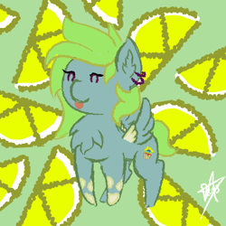 Size: 2000x2000 | Tagged: safe, artist:devorierdeos, oc, oc only, oc:laimon cupcake, pegasus, pony, abstract background, chest fluff, ear fluff, ear piercing, earring, eyes closed, female, food, hooves, jewelry, lemon, mare, piercing, solo, spread wings, tongue out, wings