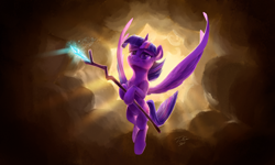 Size: 2500x1496 | Tagged: safe, artist:tsitra360, twilight sparkle, twilight sparkle (alicorn), alicorn, pony, my little pony: the movie, cloud, digital art, female, flying, glow, human shoulders, magic, mare, messy mane, scene interpretation, signature, smiling, solo, staff, staff of sacanas, sunlight