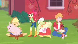 Size: 1600x900 | Tagged: safe, screencap, apple bloom, applejack, big macintosh, granny smith, bird, chicken, pig, rooster, better together, equestria girls, holidays unwrapped, apple family, barn, belt, boots, bow, bush, clothes, converse, cowboy hat, denim skirt, freckles, hands on hip, hat, jeans, miniskirt, pants, shoes, sitting, skirt, standing, stetson, window