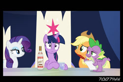 Size: 640x426 | Tagged: safe, derpibooru import, edit, edited screencap, editor:teren rogriss, screencap, applejack, rarity, spike, twilight sparkle, twilight sparkle (alicorn), alicorn, dragon, earth pony, pony, unicorn, the beginning of the end, alcohol, bottle, cowboy hat, female, hat, hooves, horn, mare, quill, smiling, stolichnaya, twilight's castle, vodka, winged spike