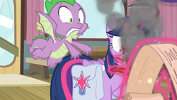 Size: 1600x900 | Tagged: safe, screencap, spike, twilight sparkle, twilight sparkle (alicorn), alicorn, dragon, a trivial pursuit, door, fast, flying, levitation, magic, panicking, quill, saddle bag, scroll, smoke, telekinesis, window, winged spike