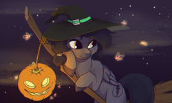 Size: 1997x1200 | Tagged: safe, artist:niehuaisang, oc, oc only, oc:mir, firefly (insect), insect, pegasus, pony, broom, female, flying, flying broomstick, halloween, hat, holiday, jack-o-lantern, mare, night, pumpkin, smiling, solo, spooky, spoopy, stars, witch, witch hat, witch's broom