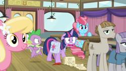 Size: 1600x900 | Tagged: safe, screencap, lily, lily valley, maud pie, mudbriar, spike, twilight sparkle, twilight sparkle (alicorn), alicorn, dragon, a trivial pursuit, ceiling light, curtains, door, female, floppy ears, flying, jaw drop, male, shocked, table, window, winged spike