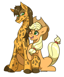 Size: 1000x1200 | Tagged: safe, artist:bigmoon206, applejack, oc, oc:hotstreak, earth pony, giraffe, pony, applejack's hat, blushing, canon x oc, cowboy hat, female, freckles, hat, heart eyes, hug, looking at each other, mare, one eye closed, open mouth, shipping, simple background, smiling, stetson, transparent background, wingding eyes