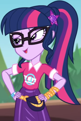 Size: 533x794 | Tagged: safe, screencap, sci-twi, twilight sparkle, better together, equestria girls, sunset's backstage pass!, clothes, collar, cropped, cute, female, forest, forest background, geode of telekinesis, glasses, hairclip, hands on hip, lidded eyes, logo, magical geodes, music festival outfit, ponytail, pouch, shirt, short sleeves, skirt, smiling