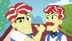 Size: 1600x900 | Tagged: safe, screencap, flam, flim, better together, equestria girls, holidays unwrapped, bowtie, brothers, flim flam brothers, male, pointing, siblings, the cider louse fools, thumbs up