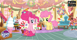 Size: 960x504 | Tagged: safe, li'l cheese, pinkie pie, earth pony, pony, the last problem, candy, christmas, cute, diapinkes, duo, facebook, food, gameloft, holiday, looking at you, my little pony logo, ribbon, sugarcube corner