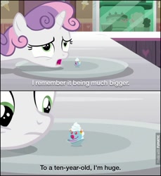 Size: 604x659 | Tagged: safe, derpibooru import, edit, edited screencap, screencap, sweetie belle, forever filly, captain hook, caption, comic, filly clown suprise, food, hook, hook (movie), ice cream, out of context, screencap comic, sundae