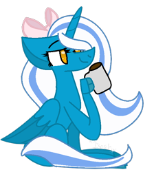 Size: 592x660 | Tagged: safe, artist:flashdashdoesart, oc, oc only, oc:fleurbelle, alicorn, alicorn oc, bow, coffee, coffee mug, female, golden eyes, hair bow, mare, mug, simple background, smiling, solo, transparent background