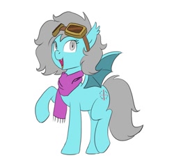 Size: 833x800 | Tagged: safe, artist:carnifex, oc, oc:aeria, bat pony, pony, clothes, goggles, open mouth, scarf, simple background, solo, white background