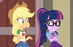 Size: 1560x996 | Tagged: safe, screencap, applejack, sci-twi, twilight sparkle, equestria girls, equestria girls series, holidays unwrapped, spoiler:eqg series (season 2), applejack's hat, belt, clothes, cowboy hat, cropped, crossed arms, denim skirt, duo, duo female, female, freckles, geode of super strength, geode of telekinesis, glasses, hat, magical geodes, miniskirt, ponytail, sci-twi is best facemaker, skirt, smiling, smug, smuglight sparkle, stetson, the cider louse fools