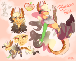 Size: 1280x1024 | Tagged: safe, artist:qatsby, derpibooru import, oc, oc only, oc:blossom fall, draconequus, chest fluff, cloven hooves, draconequus oc, ethereal mane, female, horns, interspecies offspring, multicolored iris, offspring, parent:applejack, parent:discord, parents:applecord, peace sign, solo, starry mane, tongue out, underhoof