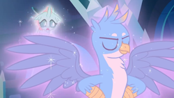 Size: 1280x720 | Tagged: safe, derpibooru import, screencap, gallus, ocellus, changedling, changeling, griffon, school raze, chest fluff, element of generosity, element of magic, eyes closed, glow, majestic, male, smiling, spread wings, wings