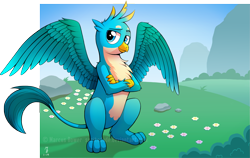 Size: 3255x2052 | Tagged: safe, artist:spritedude, derpibooru import, gallus, griffon, season 8, chest fluff, claws, crossed arms, looking at you, male, paws, smiling, solo, spread wings, tail, wings