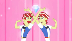 Size: 1600x900 | Tagged: safe, screencap, flam, flim, better together, equestria girls, holidays unwrapped, brothers, crossed, diamond, flim flam brothers, male, pink background, siblings, simple background, the cider louse fools