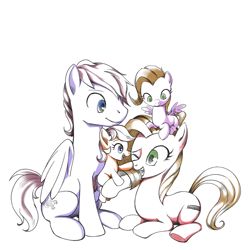 Size: 1600x1600 | Tagged: safe, artist:gashiboka, oc, oc only, oc:pun, earth pony, pegasus, pony, ask, ask pun, boop, colt, family, female, filly, male, mare, offspring, parent:oc:pun, parents:oc x oc, pony hat, prone, simple background, sitting, smiling, stallion, white background