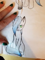 Size: 3024x4032 | Tagged: safe, artist:sachiko765, derpibooru import, oc, oc only, pony, bad nailpolish, bedroom eyes, hair over one eye, hand, hand in picture, solo, tongue out, torn paper, traditional art