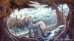 Size: 4800x2700 | Tagged: safe, artist:moonlightstrange, oc, oc only, oc:blasting cap, pony, unicorn, cloud, cloudy, female, full color, looking up, mare, outdoors, rain, solo, standing, tree, wet, ych result