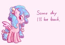 Size: 1280x881 | Tagged: safe, artist:fipoki, cozy glow, pegasus, pony, bow, female, filly, hair bow, i'll be back, looking at you, simple background, smiling, solo, spread wings, standing, tail bow, white background, wings