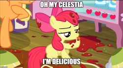 Size: 888x499 | Tagged: safe, edit, edited screencap, screencap, apple bloom, applejack, earth pony, pony, somepony to watch over me, caption, cropped, cute, female, filly, image macro, licking, mare, meme, messy, solo focus, text, tongue out