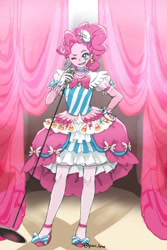 Size: 944x1415 | Tagged: safe, artist:puri__kyua, pinkie pie, equestria girls, anime, clothes, dress, female, gala dress, looking at you, microphone, one eye closed, solo, wink