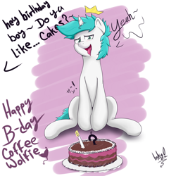 Size: 2500x2500 | Tagged: safe, artist:tonystorm12, derpibooru import, oc, oc:spark dash, ahegao, birthday cake, birthday gift, cake, enjoying, food, looking at you, open mouth