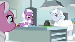 Size: 1920x1080 | Tagged: safe, screencap, pony, the last laugh, clothes, factory, gag factory, lab coat, lavender flask, male, platinum cure, raspberry cotton, stallion, weight, whoopee cushion